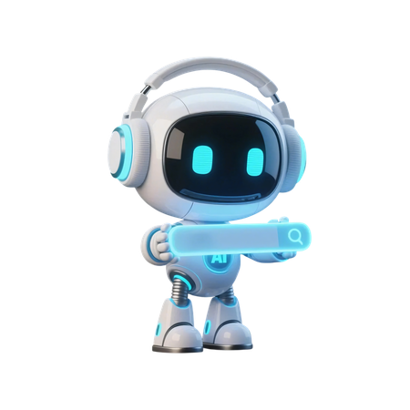 AI A cute AI robot with headphones is pointing at a floating search bar as if it is helping with a search  3D Illustration