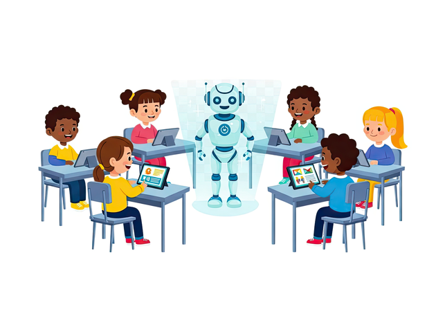 AI 子どもたちが明るい環境でホログラフィック教師アシスタントとスマートタブレットを使って学習する AI 搭載教室 画像