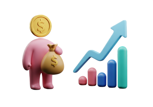 AI Alegre, com a imagem de uma moeda de um dólar e um saco de dinheiro, celebrando o crescimento financeiro e o sucesso com um gráfico em tendência ascendente. Imagem