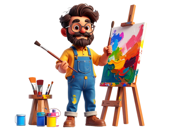 AI Artist character painting on an easel with colorful paints  3D Illustration
