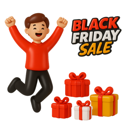 AI Black friday sale text with Boy jumping with joy 3D Icon