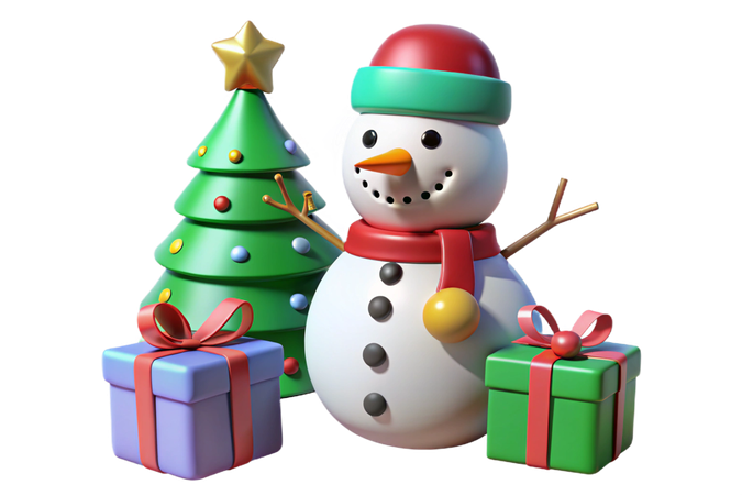 AI Boneco de neve de Natal e árvore com presentes Imagem