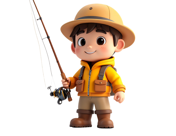 AI Boy fisherman character holding a fishing rod  3D Illustration
