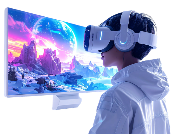 AI Boy in VR headset playing futuristic video game on large monitor 3D Illustration