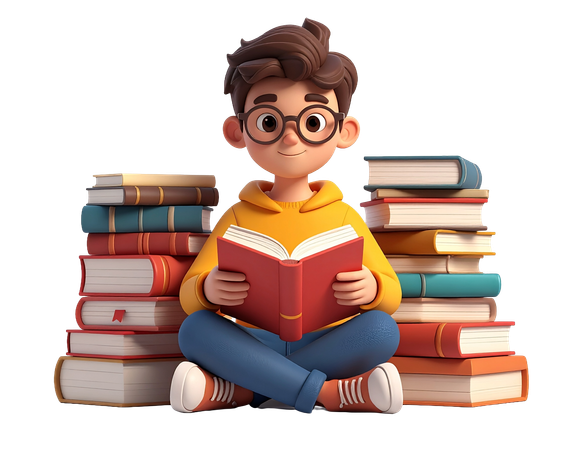 AI Boy reading a book while sitting between stacks of books  3D Illustration