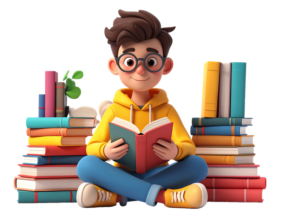 AI Boy student reading a book surrounded by colorful book stacks  3D Illustration