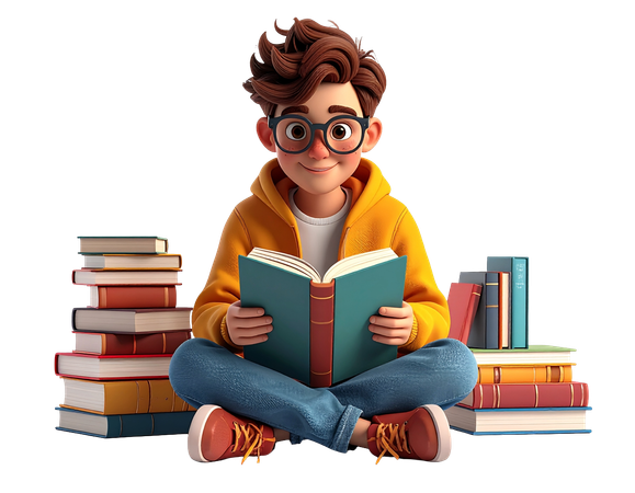 AI Boy with glasses reading a book while sitting among book stacks  3D Illustration