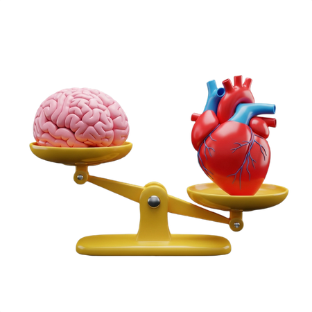 AI Brain and heart on a yellow scale balancing each other out on a black background illustration art  3D Icon