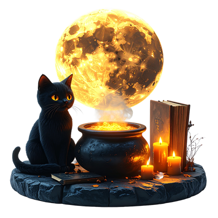 AI Bubbling cauldron with spell book and cat sitting beside it  3D Illustration