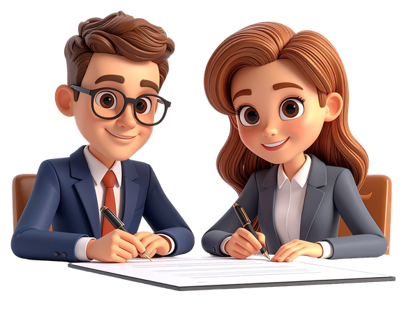 AI Business partners signing contract document together  3D Illustration