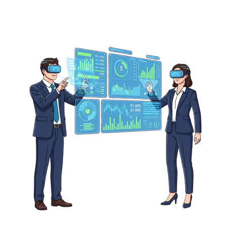 AI Business people in VR headsets analyzing financial data on a holographic interface in the metaverse  Illustration