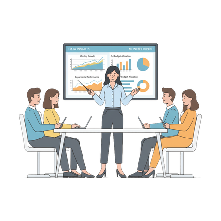 AI Business presentation with a manager explaining data insights and a monthly report on a screen to colleagues in a meeting  Illustration