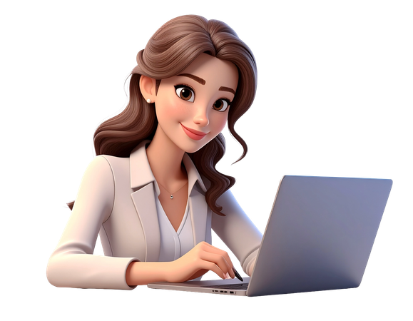 AI Business woman character working on laptop computer smiling at camera  3D Illustration