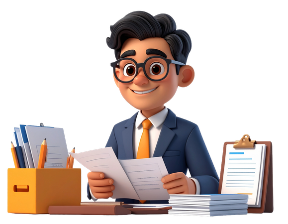 AI Businessman at desk reading documents and paperwork  3D Illustration