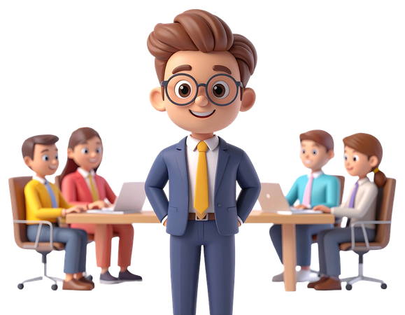 AI Businessman character leading a corporate team meeting in an office setting  3D Illustration