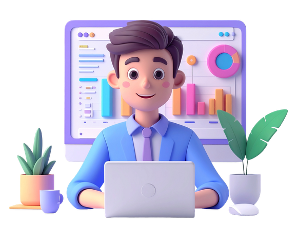 AI Businessman character working on a laptop with a data analysis dashboard on a computer screen showing charts and graphs for a business report 3D Illustration