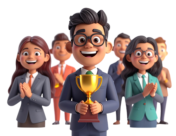 AI Businessman holding gold trophy celebrating success with diverse team applauding  3D Illustration