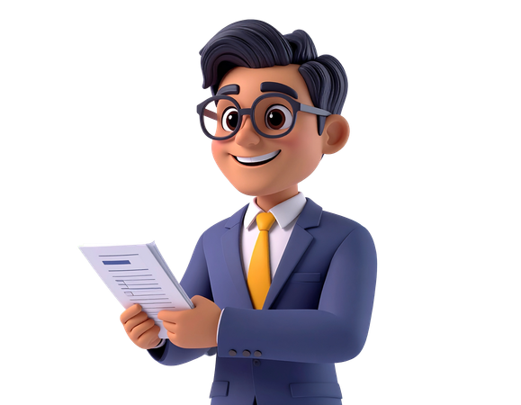 AI Businessman in suit and glasses holding and reviewing business report  3D Illustration