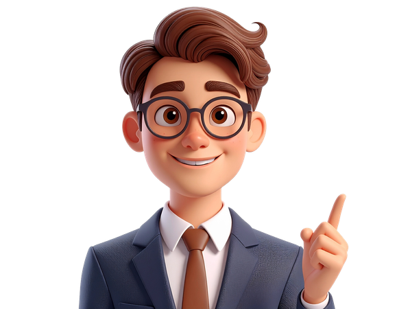 AI Businessman in suit and glasses pointing finger up with idea  3D Illustration