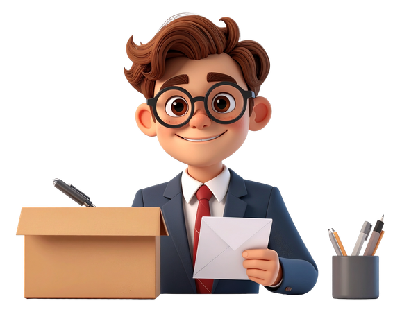 AI Businessman in suit holding letter with shipping box at his desk  3D Illustration