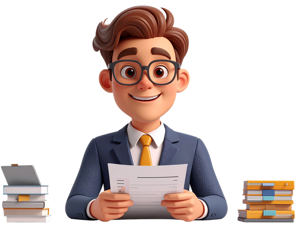 AI Businessman in suit holding resume at his desk with stacks of books  3D Illustration
