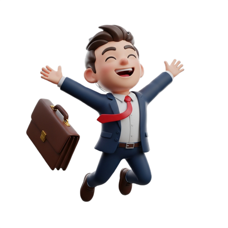 AI Businessman jumping with joy wearing suit and tie with briefcase floating beside him  3D Illustration