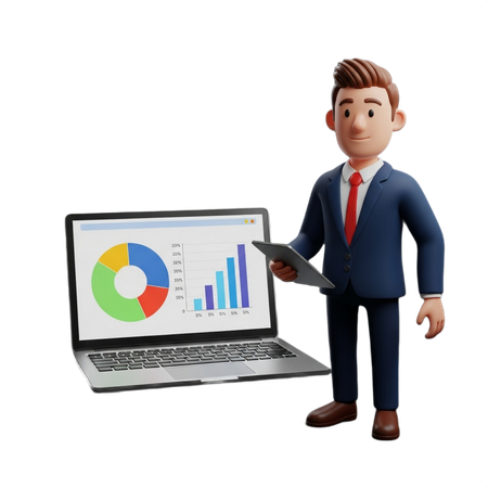 AI Businessman presents data on laptop with pie chart and bar graph  3D Illustration