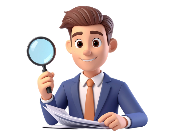AI Businessman with magnifying glass analyzing documents  3D Illustration