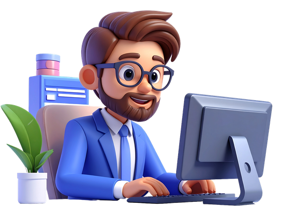 AI Businessman working on computer at office desk  3D Illustration