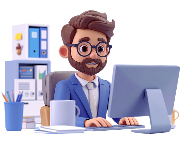 AI Businessman working on computer at office desk  3D Illustration