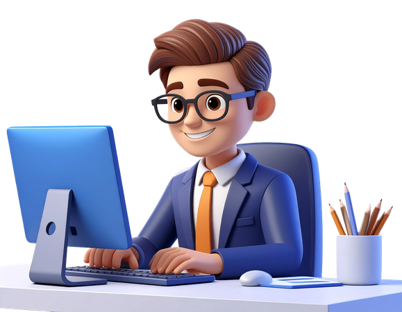 AI Businessman working on computer at office desk and smiling  3D Illustration