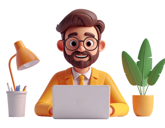 AI Businessman working on laptop at office desk with plant and lamp  3D Illustration