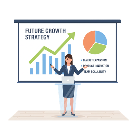 AI Businesswoman giving a presentation on future growth strategy with charts and data visualization on a screen  Illustration