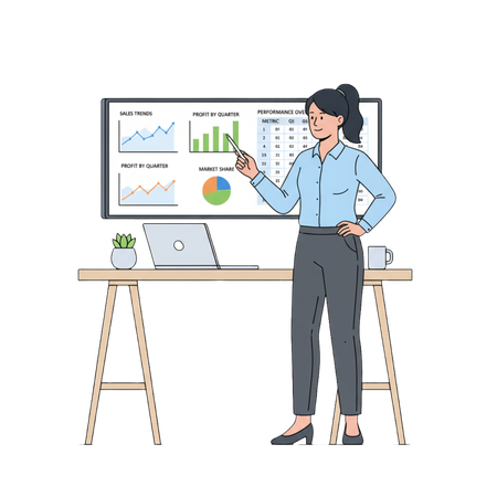 AI Businesswoman presenting financial report with data charts showing sales trends and market share analysis  Illustration