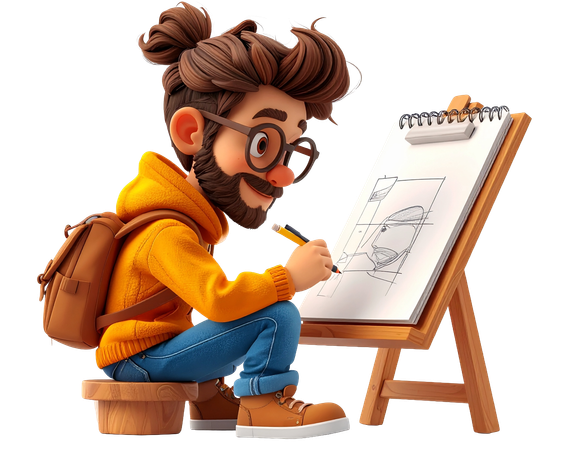 AI Cartoon artist character drawing on a sketchbook with an easel  3D Illustration