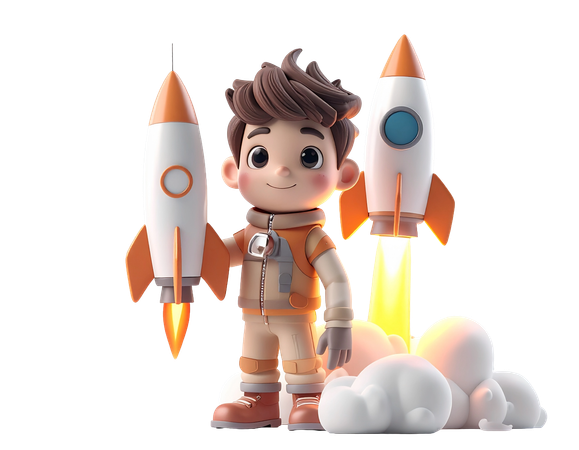 AI Cartoon astronaut boy holding toy rocket with spaceship launching in smoke clouds for space exploration 3D Illustration