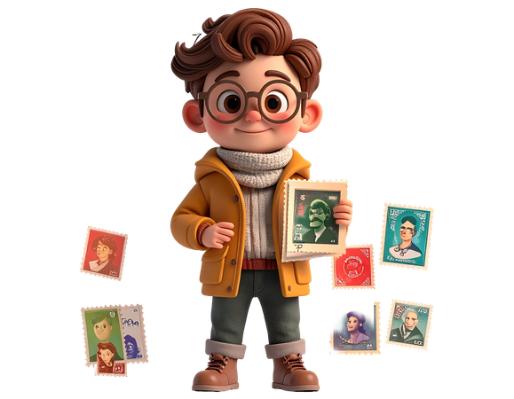 AI Cartoon boy character holding a vintage postage stamp collection for a philately hobby  Illustration