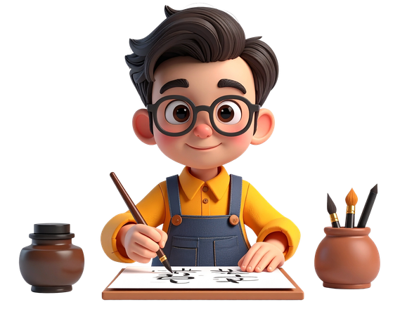 AI Cartoon boy character practicing Asian calligraphy with brush and ink at a desk  Illustration
