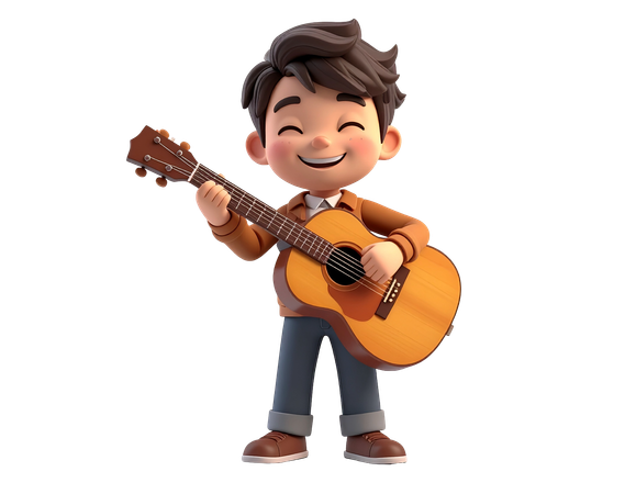 AI Cartoon boy playing acoustic guitar and singing happily  Illustration