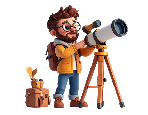 AI Cartoon explorer man with telescope for astronomy and discovery  Illustration