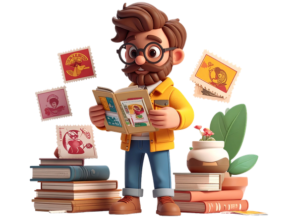 AI Cartoon man with glasses reading a stamp album surrounded by books and postage stamps  Illustration