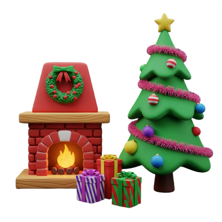 AI Cena festiva e aconchegante com uma lareira brilhante adornada com uma guirlanda e uma árvore de Natal lindamente decorada, rodeada de presentes natalinos. Imagem