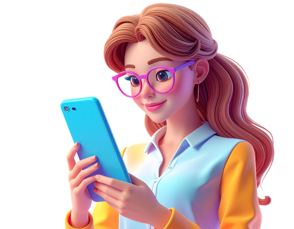 AI Character woman with pink glasses using a smartphone  3D Illustration