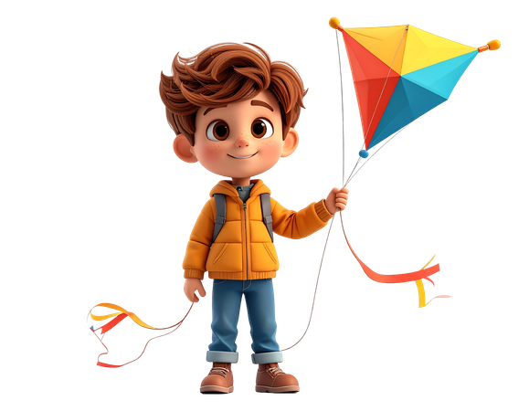 AI Cheerful  boy holding a colorful kite wearing an orange jacket and backpack for outdoor adventure  3D Illustration