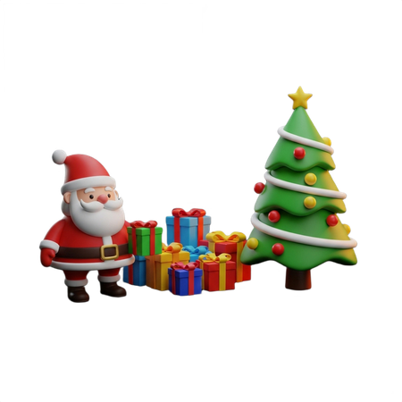 AI Cheerful Santa Claus stands beside Christmas tree  3D Illustration