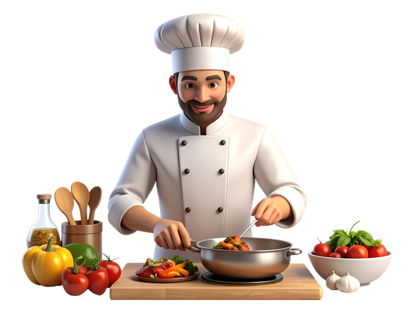 AI Chef character cooking a healthy meal with fresh vegetables  3D Illustration