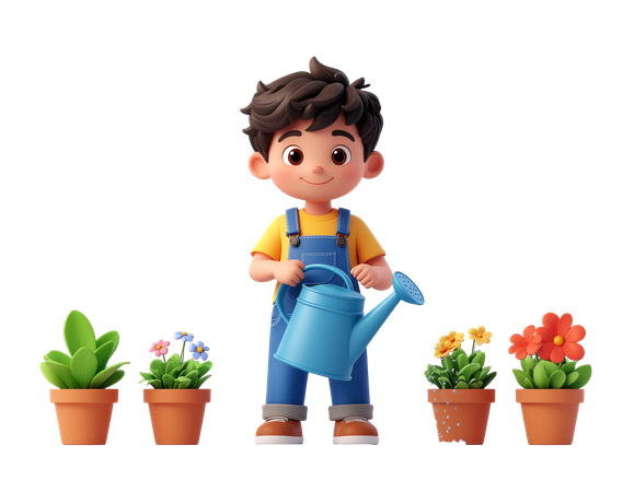 AI Child watering plants  3D Illustration