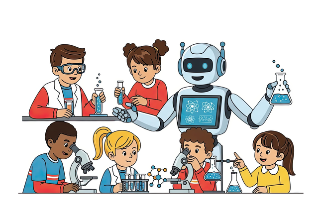 AI Children experimenting in futuristic science lab assisted by friendly smart robot Mentor  Illustration