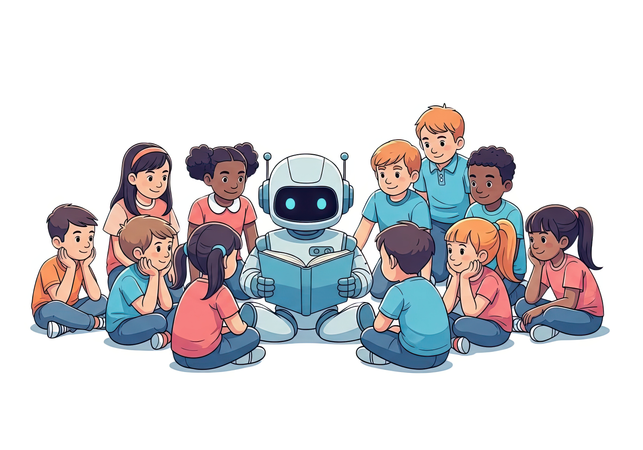 AI Children sitting in circle listening to kind robot reading interactive digital storybook Illustration