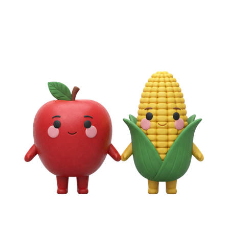 AI Clay-style apple and corn duo characters smiling  3D Illustration